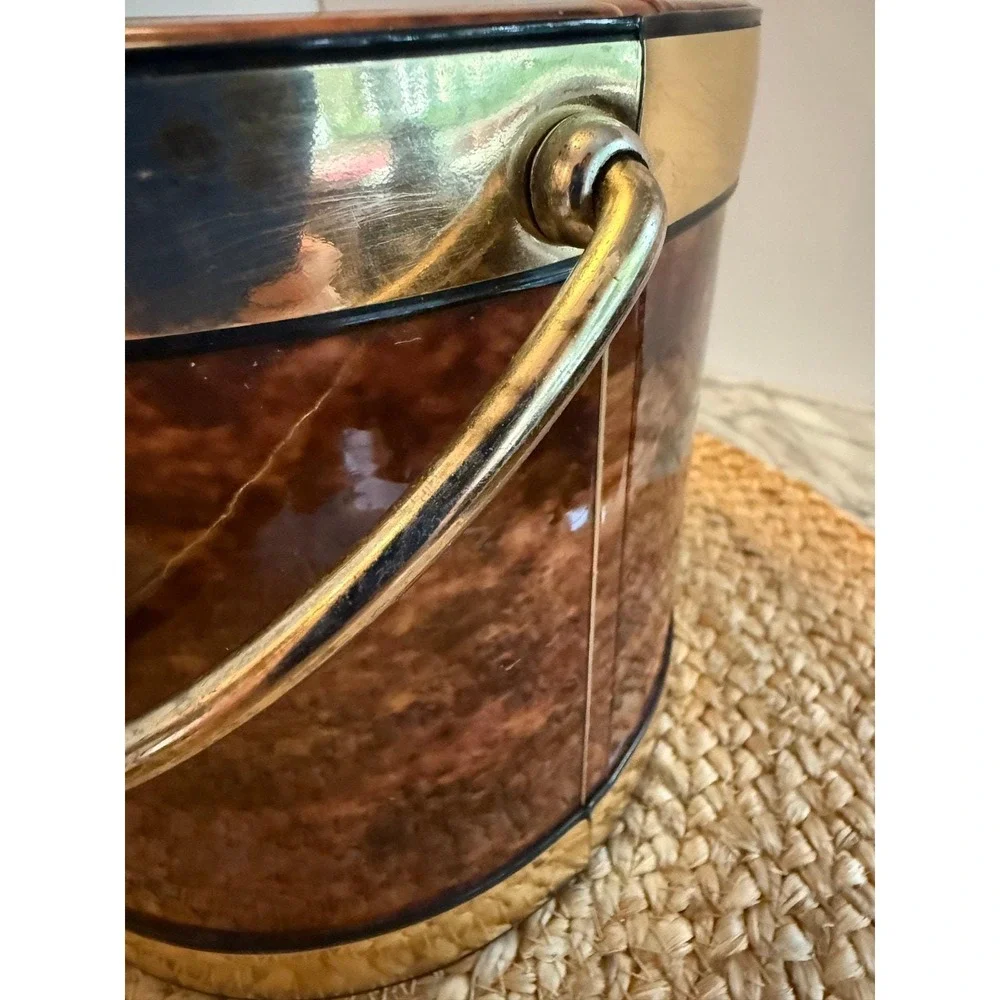 Vintage MCM faux tortoise vinyl ice bucket with‎ gold trim